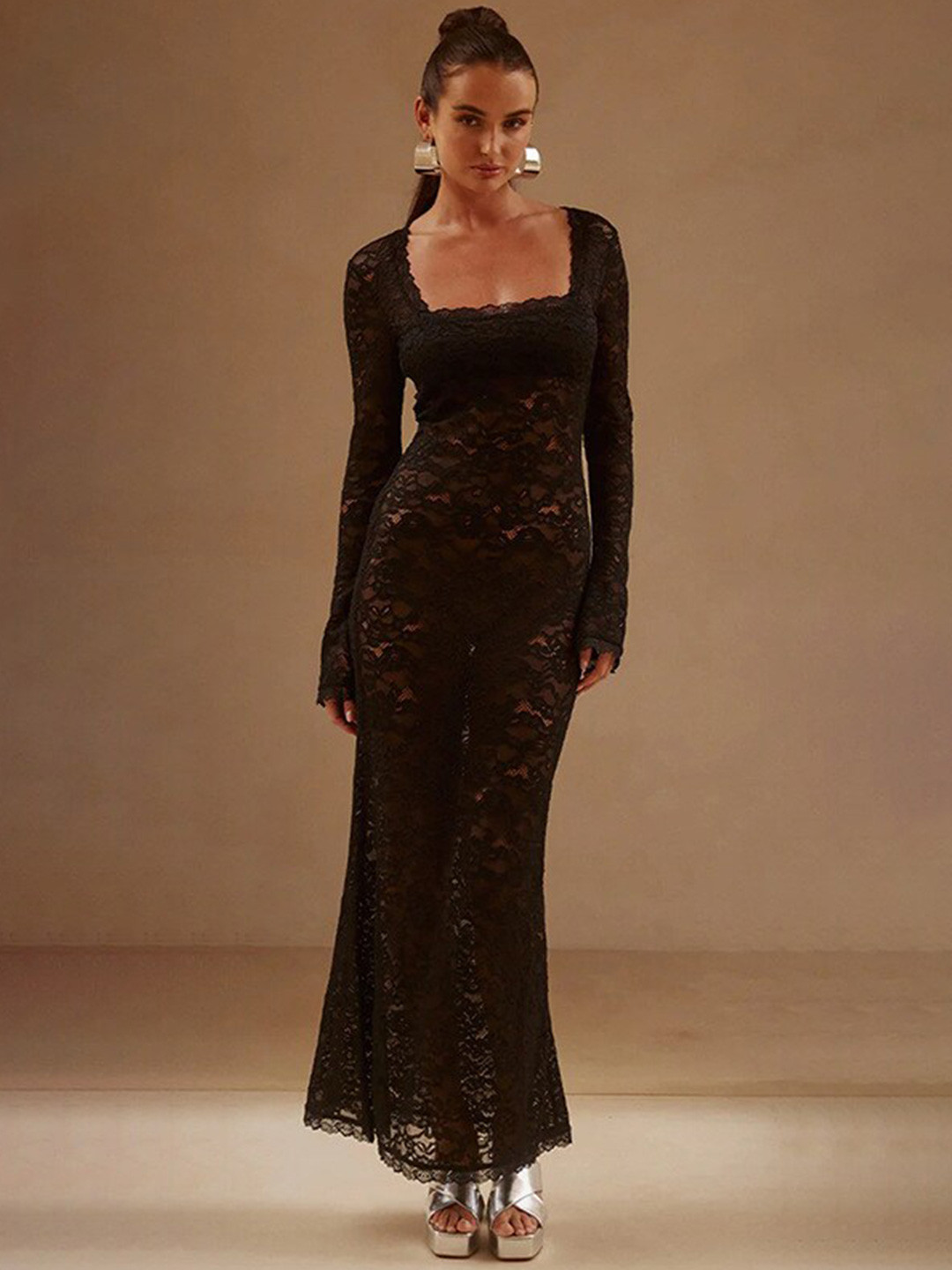 

StyleCast Black Semi Sheer Maxi DrFit and Flare Dressess