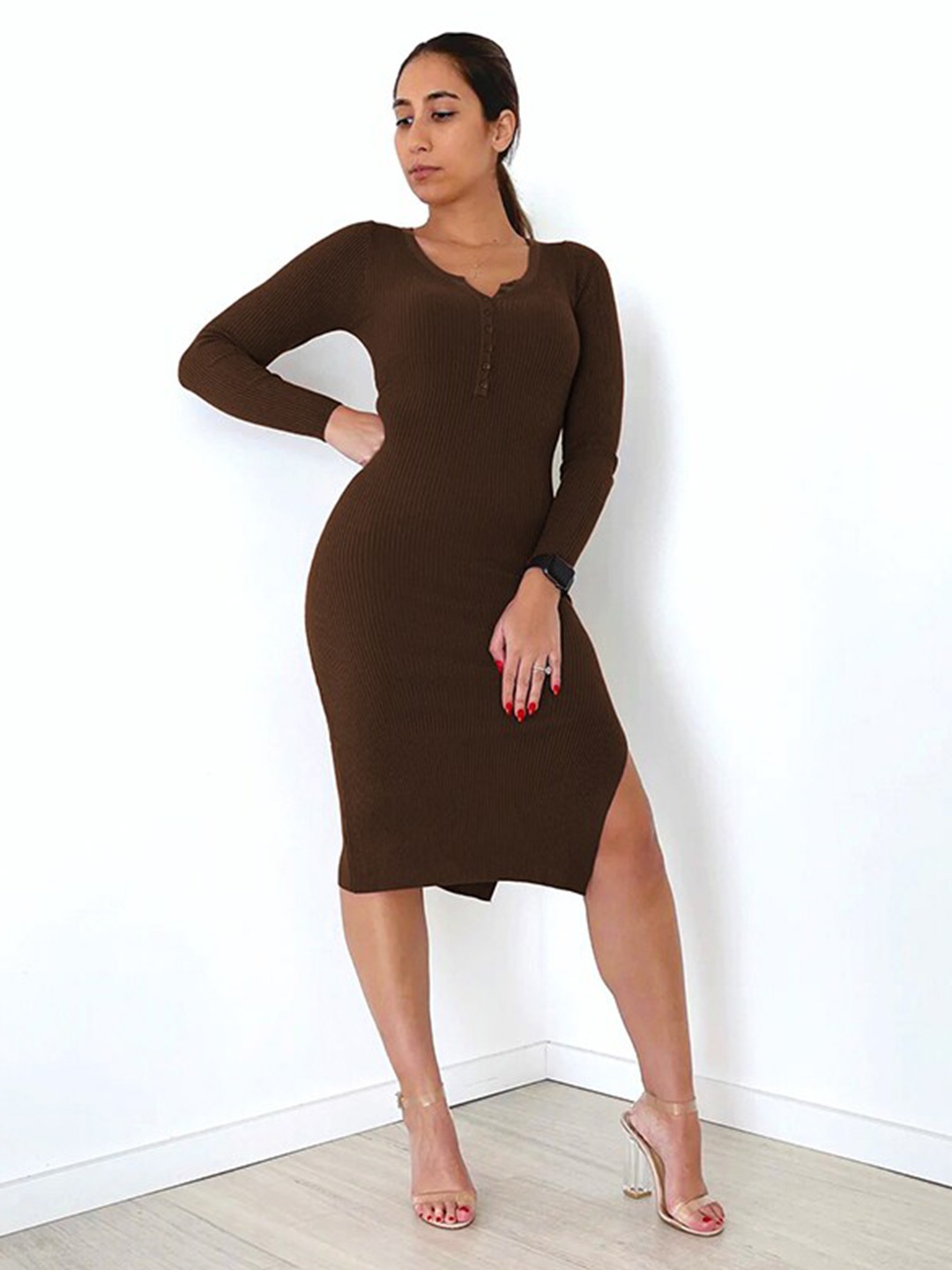 

StyleCast V-neck Long Sleeves Bodycon Dress, Brown