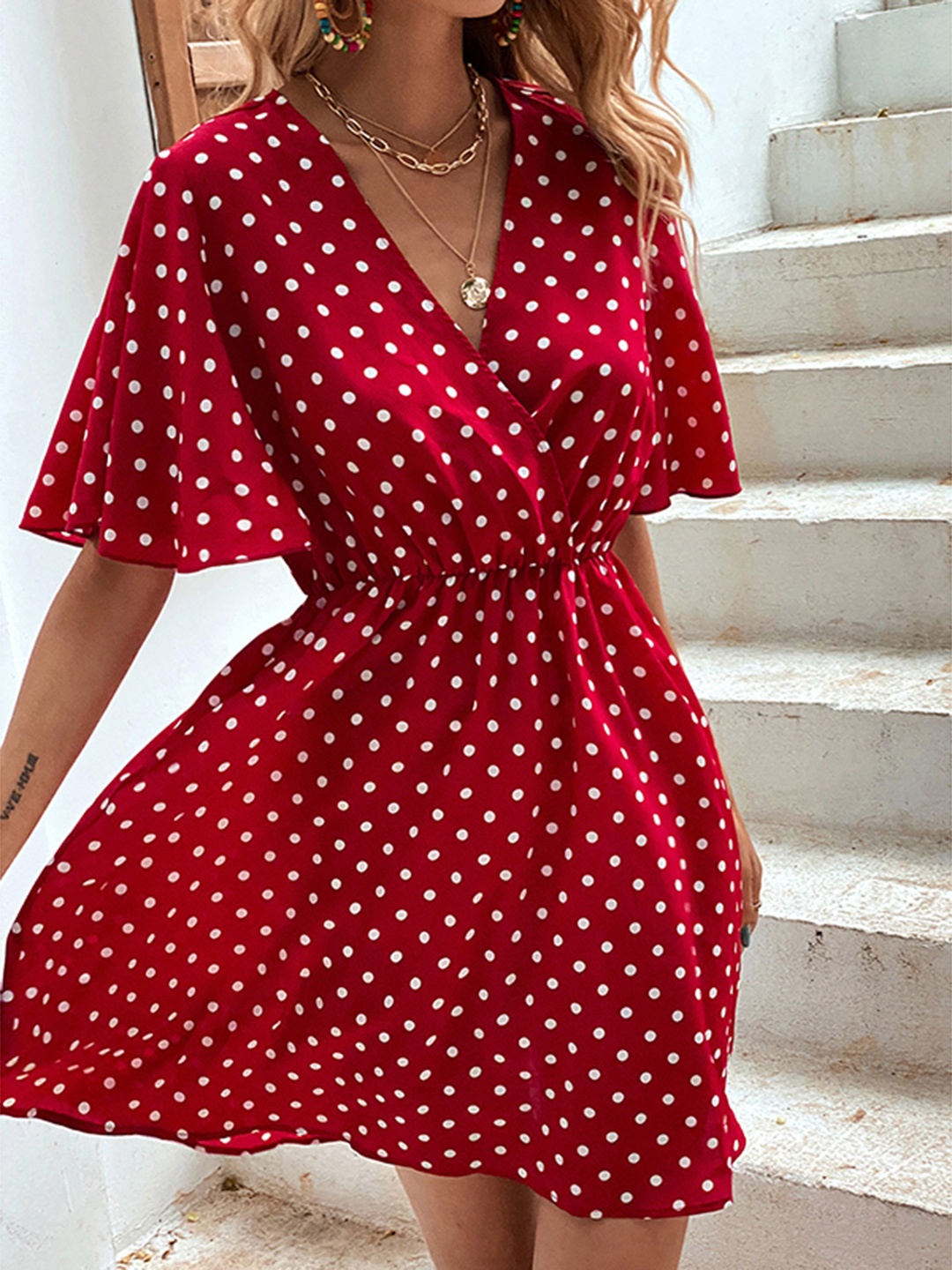 

StyleCast Red Polka Dot Printed V-Neck Flared Sleeve Empire Mini Dress