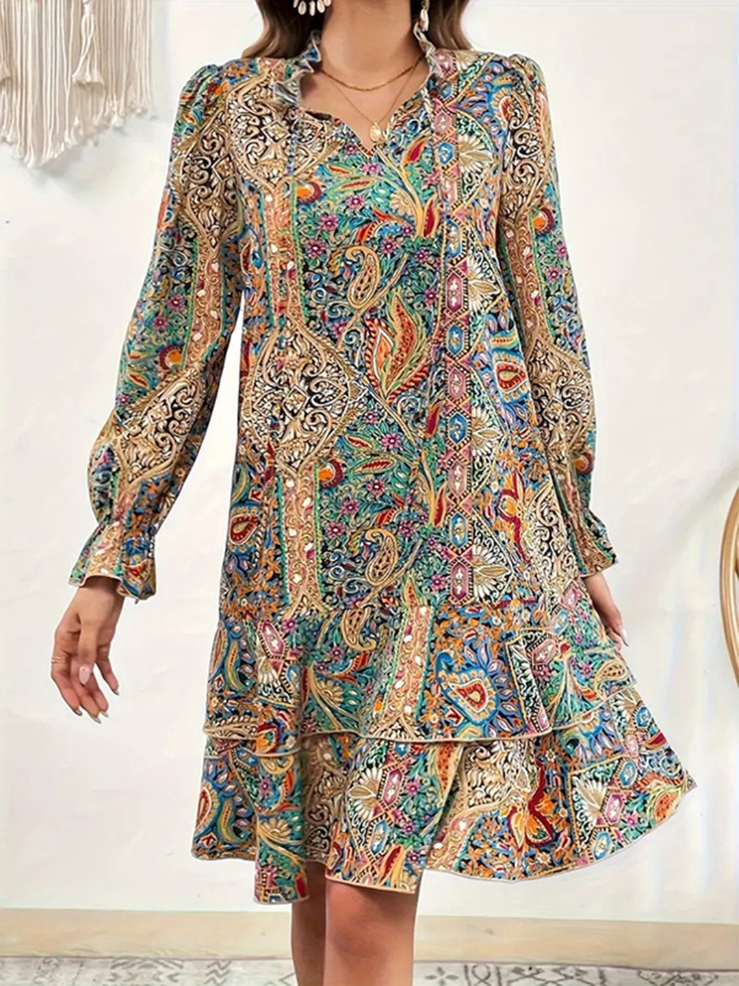 

StyleCast Beige Ethnic Motifs Print Layered A-Line Dress