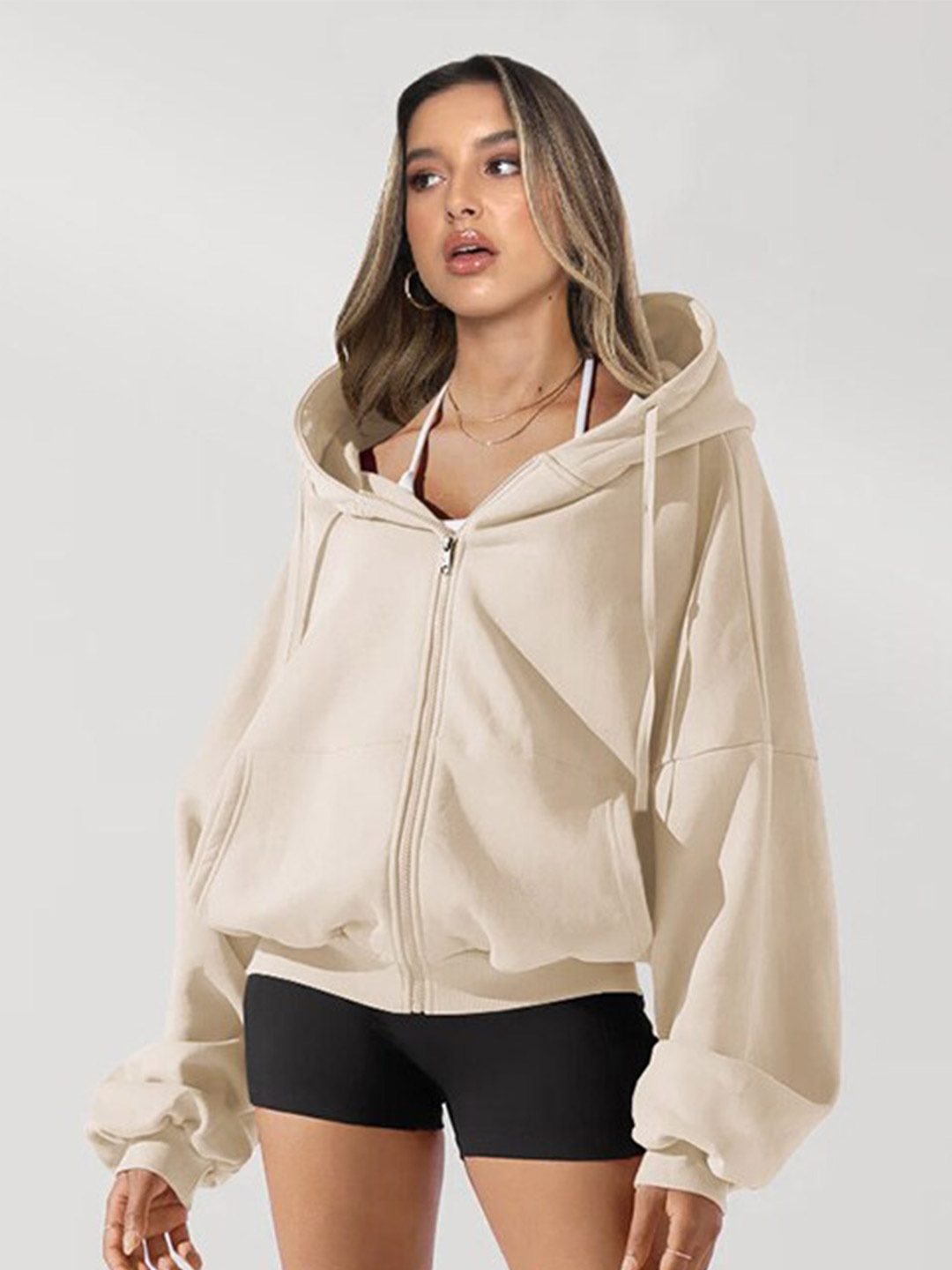 

StyleCast Hooded Windcheater Longline Jacket, Beige