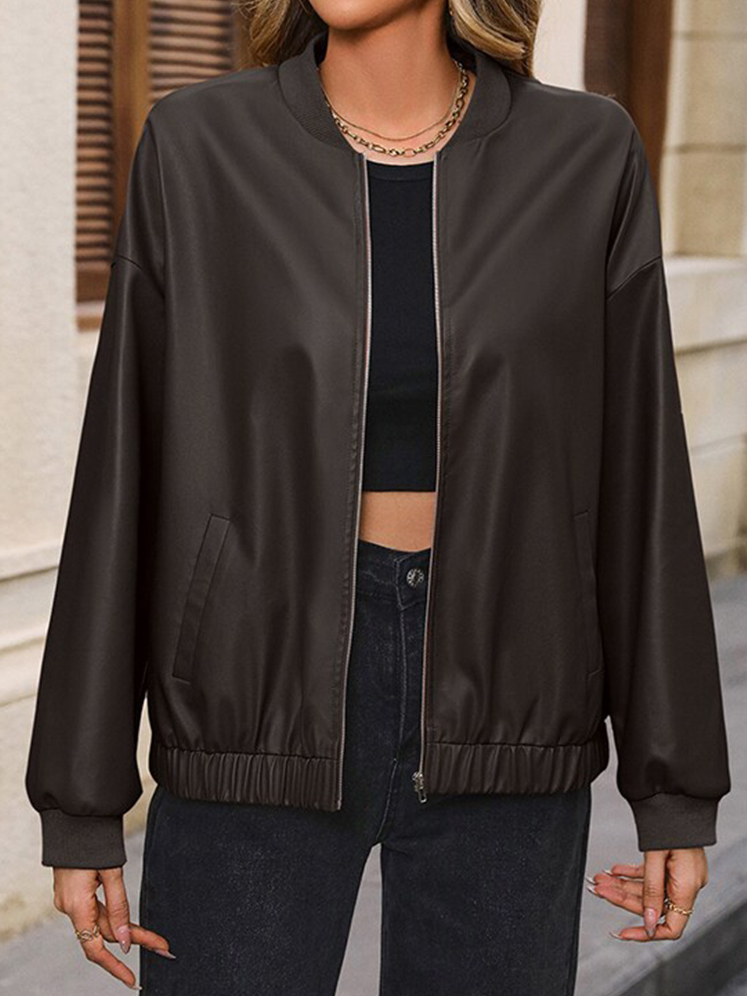 

StyleCast Coffee Brown Windcheater Stand Collar Bomber Jacket
