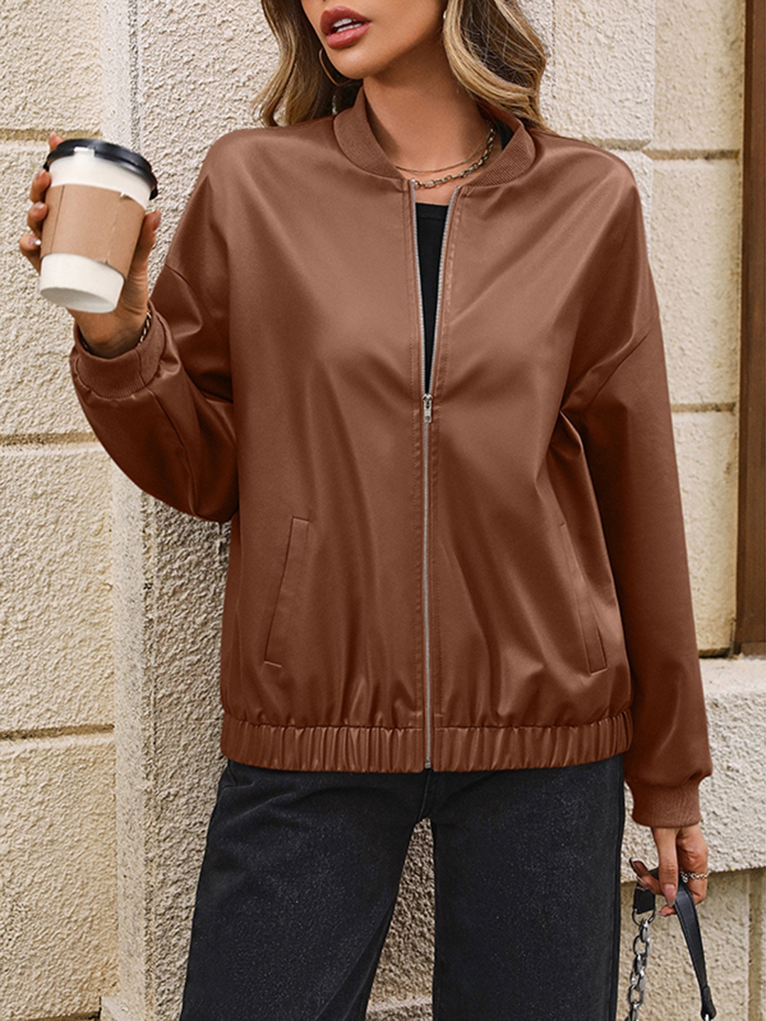 

StyleCast Brown Windcheater Stand Collar Bomber Jacket