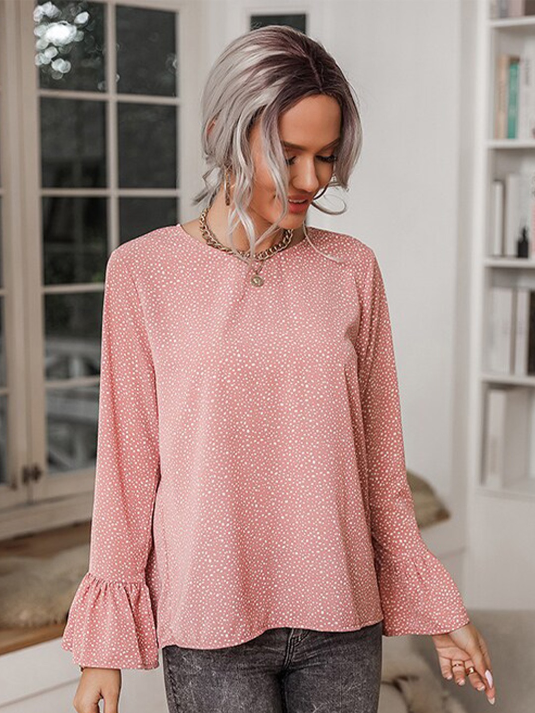

StyleCast Pink Printed Bell Sleeves Chiffon Top