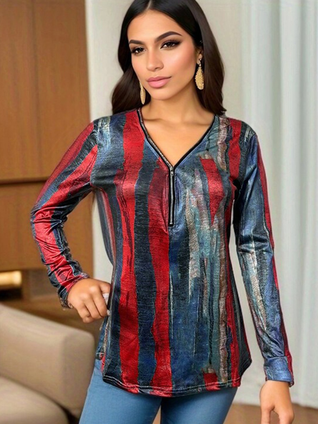 

StyleCast Red & Blue Vertical Stripes V-Neck Long Sleeves Top