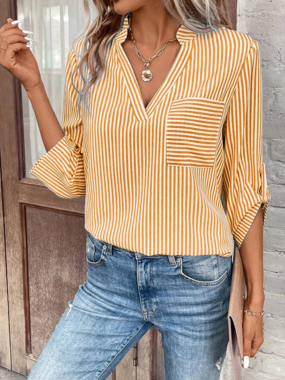 

StyleCast Yellow Vertical Stripes Mandarin Collar Roll-Up Sleeves Shirt Style Top