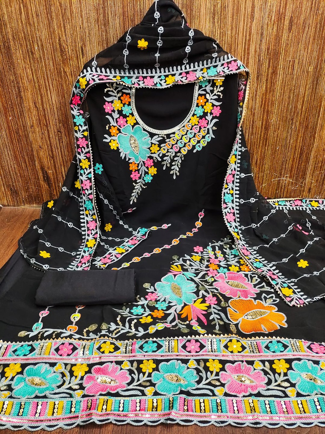 

ZEEPKART Floral Embroidered Unstitched Dress Material, Black