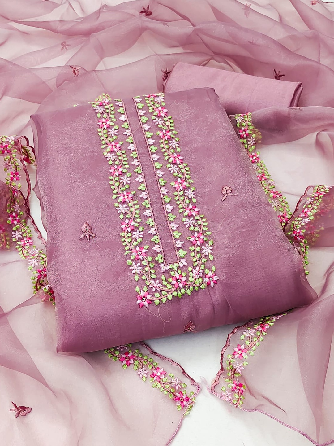 

ZEEPKART Floral Embroidered Organza Unstitched Dress Material, Pink