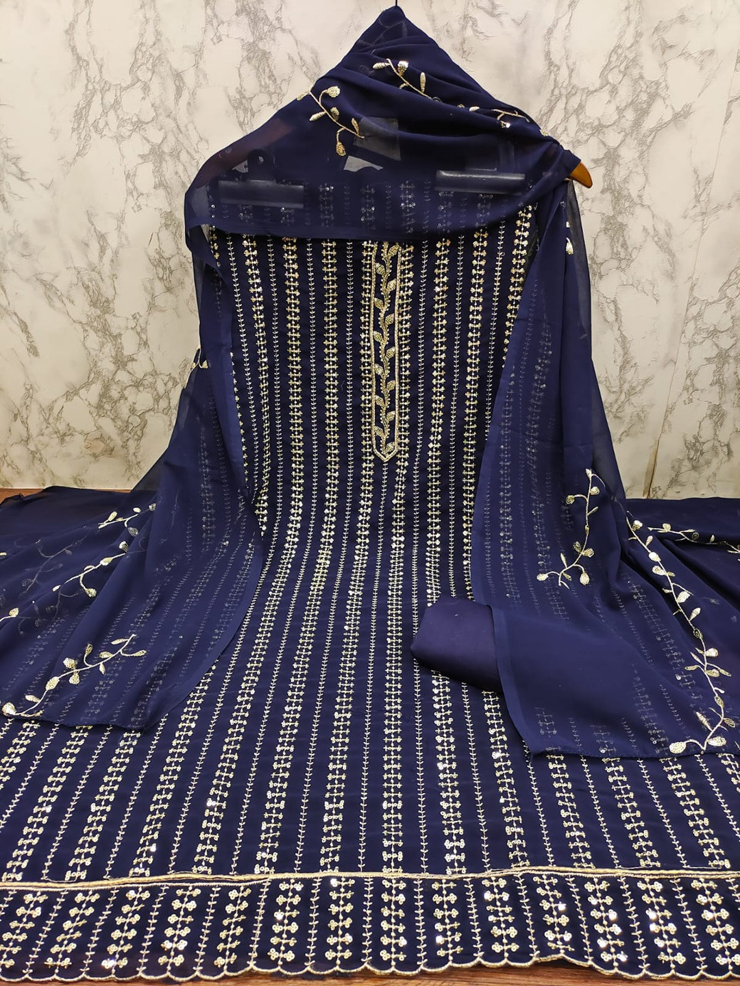 

ZEEPKART Striped Embroidered Unstitched Dress Material, Blue