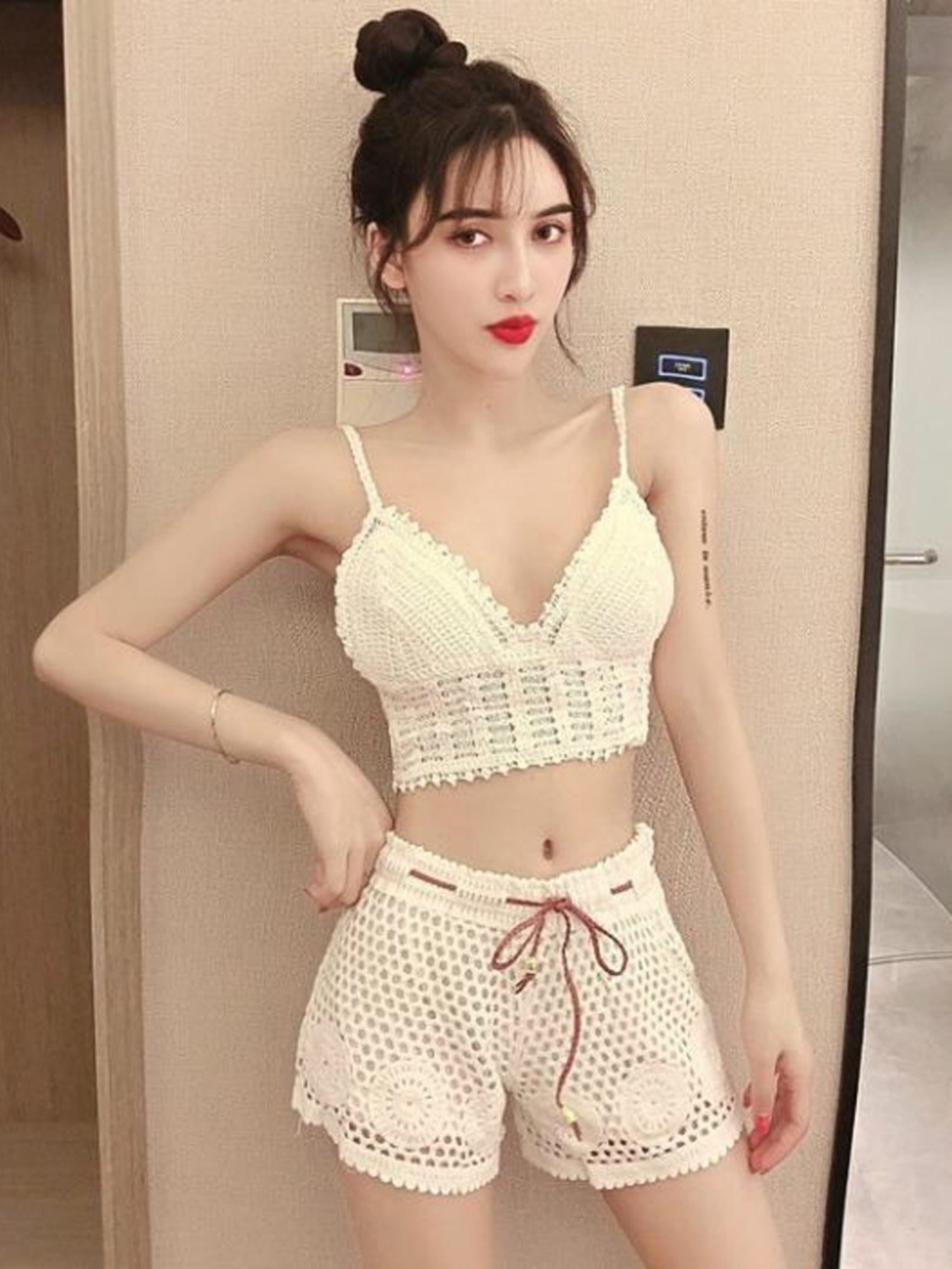 

DressBerry Women Yellow Self Design Mid-Rise Anti-Exposure Crochet Shorts