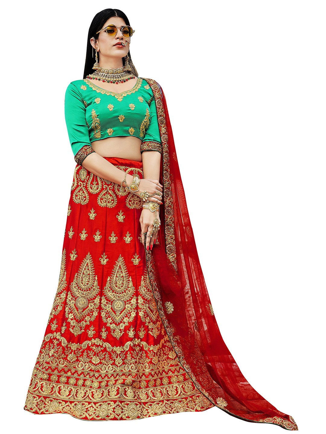 

MANVAA Embroidered Thread Work Semi-Stitched Lehenga & Unstitched Blouse With Dupatta, Red