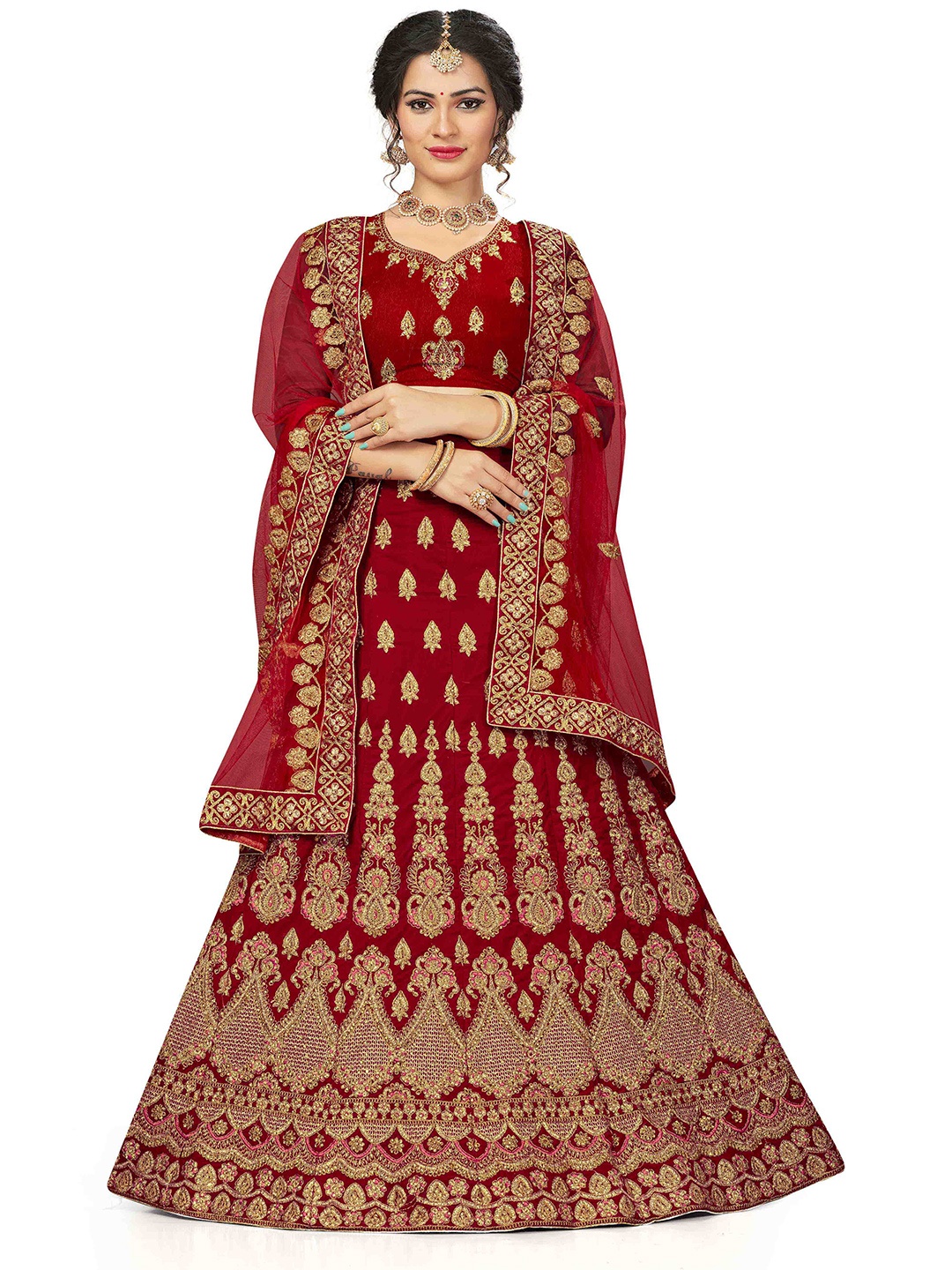 

MANVAA Embroidered Thread Work Semi-Stitched Lehenga & Unstitched Blouse With Dupatta, Red