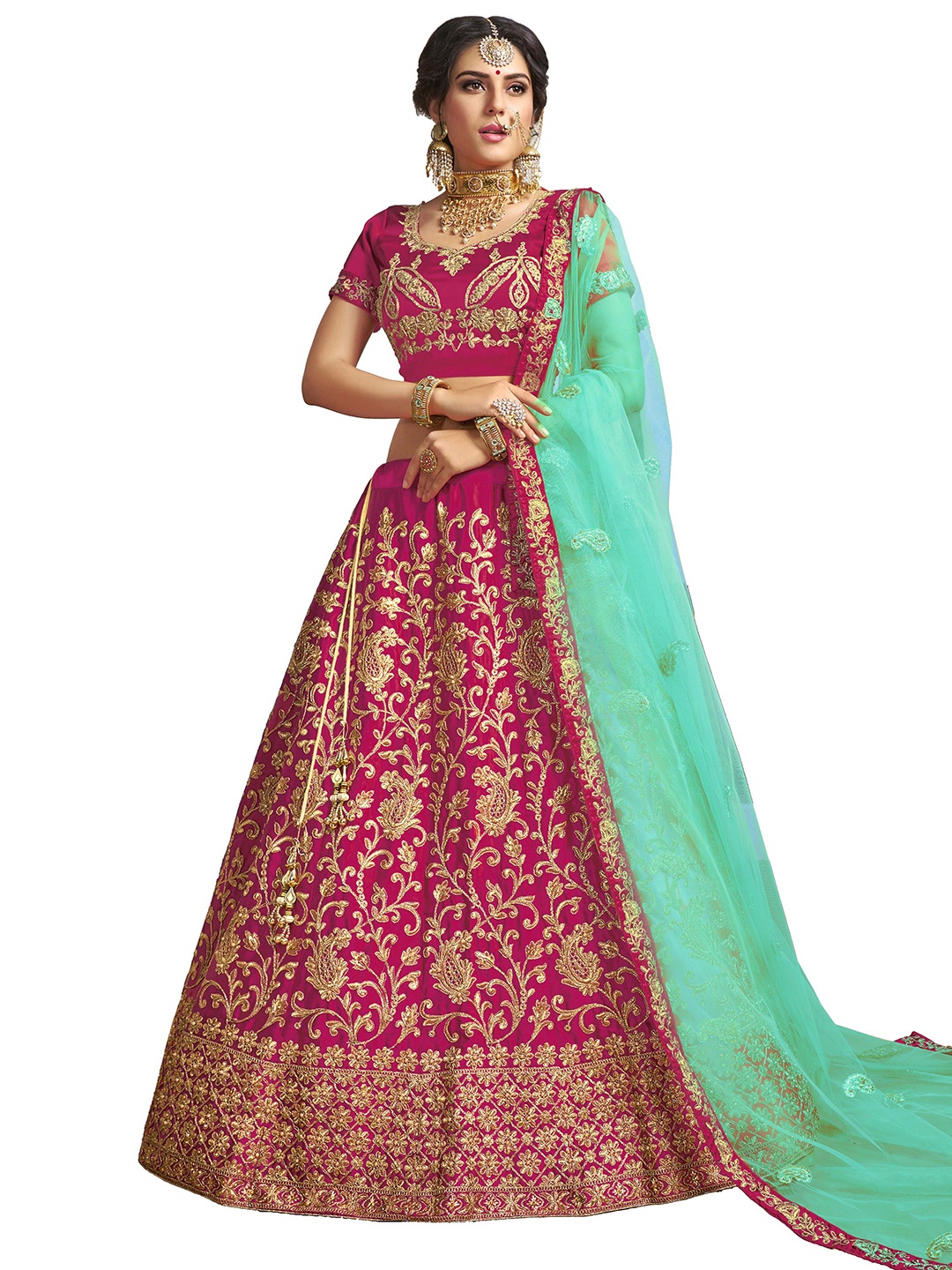 

MANVAA Embroidered Thread Work Semi-Stitched Lehenga & Unstitched Blouse With Dupatta, Pink