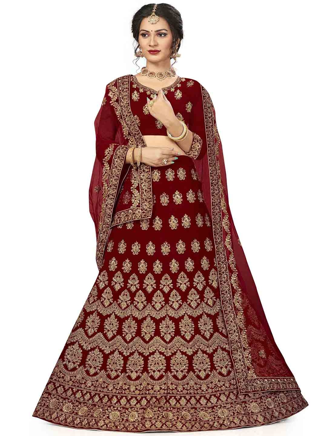 

MANVAA Embroidered Velvet Semi-Stitched Lehenga & Unstitched Blouse With Dupatta, Maroon
