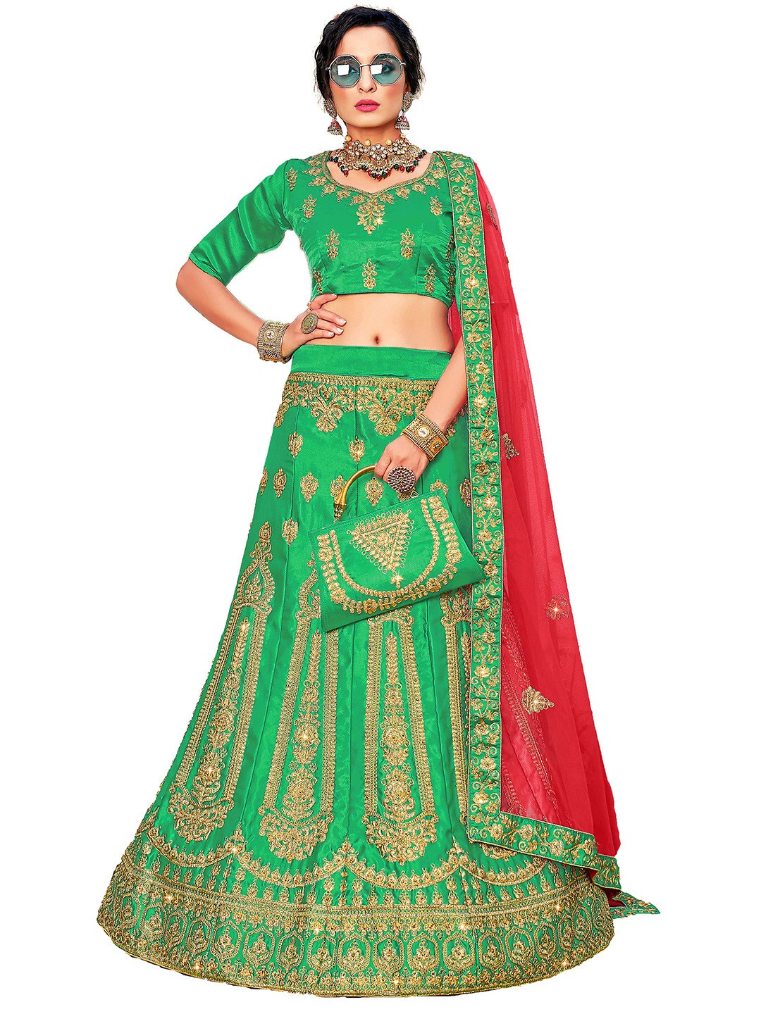 

MANVAA Ethnic Motif Embroidered Semi-Stitched Lehenga & Unstitched Blouse With Dupatta, Green
