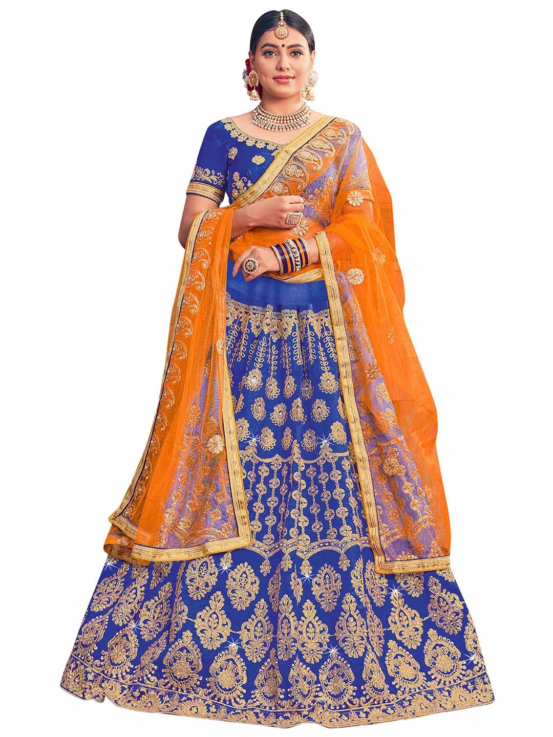 

MANVAA Ethnic Motif Embroidered Semi-Stitched Lehenga & Unstitched Blouse With Dupatta, Blue