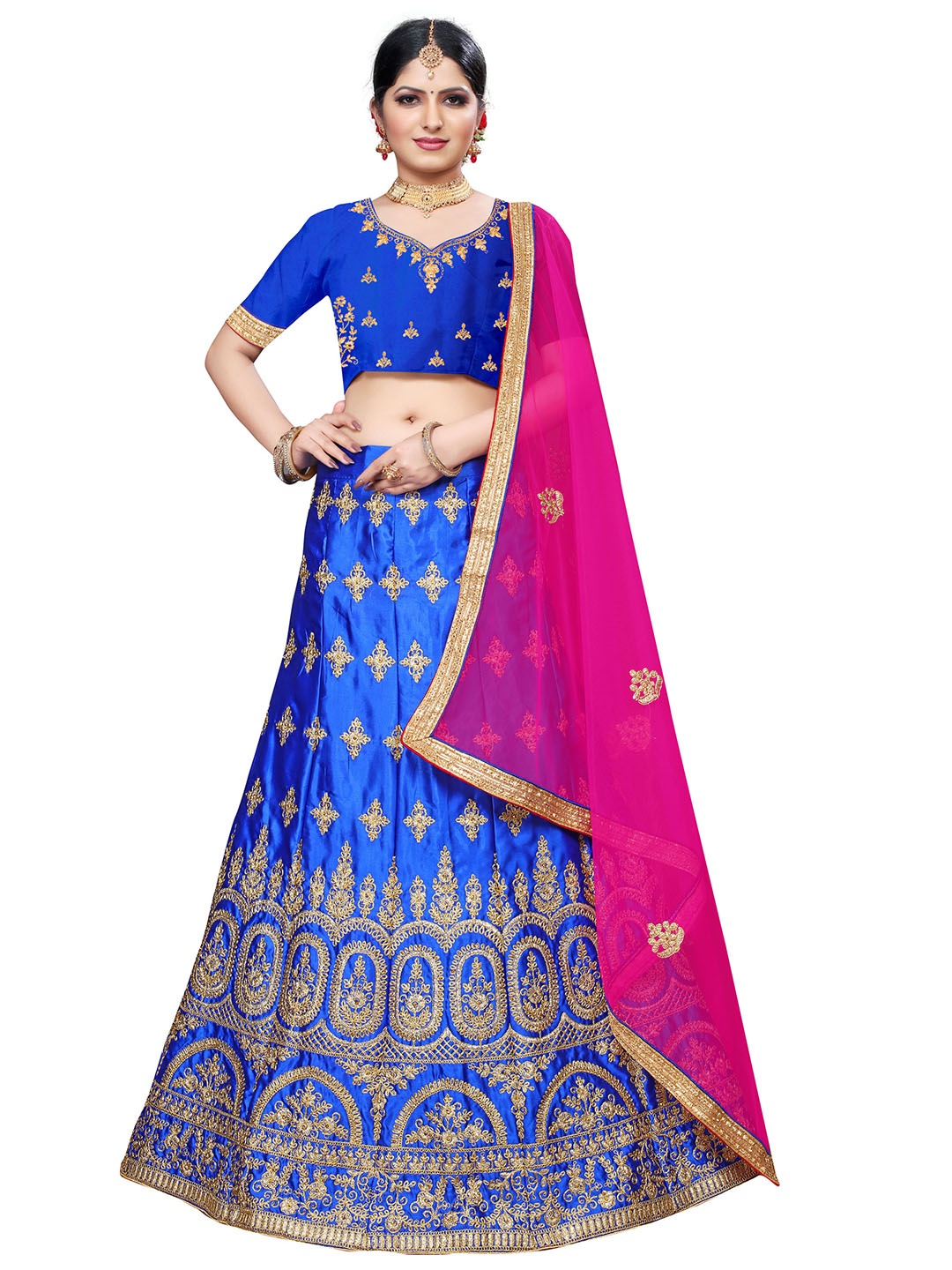 

MANVAA Embroidered Beads and Stones Semi-Stitched Lehenga & Unstitched Blouse With Dupatta, Blue