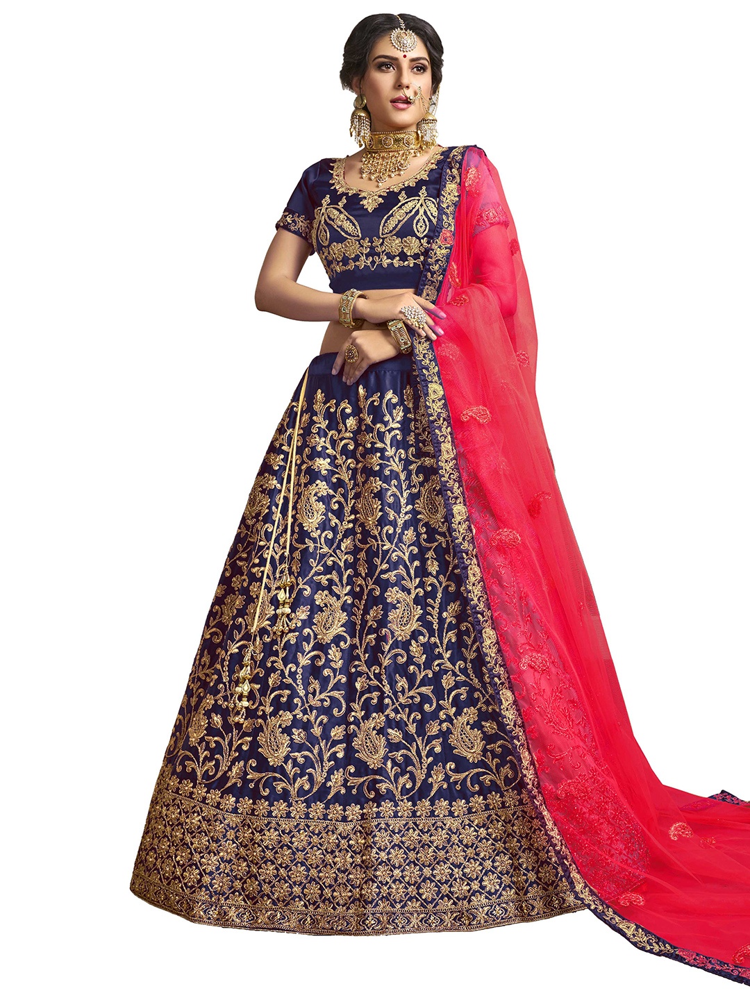 

MANVAA Embroidered Satin Semi-Stitched Lehenga & Unstitched Blouse With Dupatta, Blue