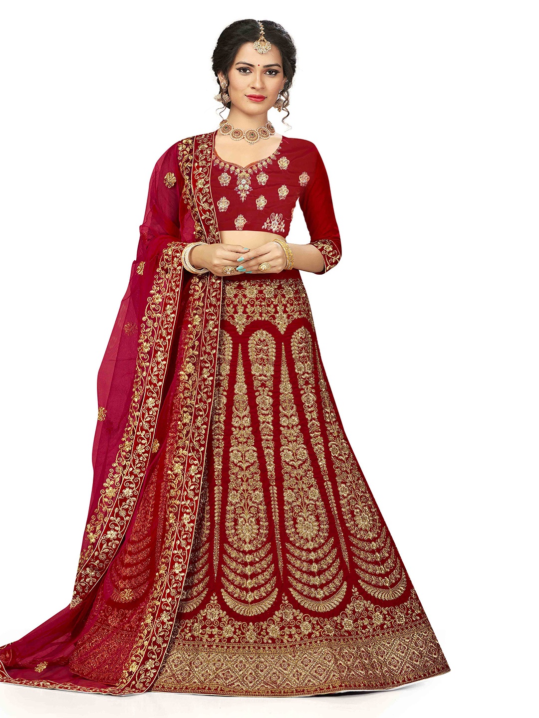 

MANVAA Embroidered Semi-Stitched Velvet Lehenga & Unstitched Blouse With Dupatta, Red