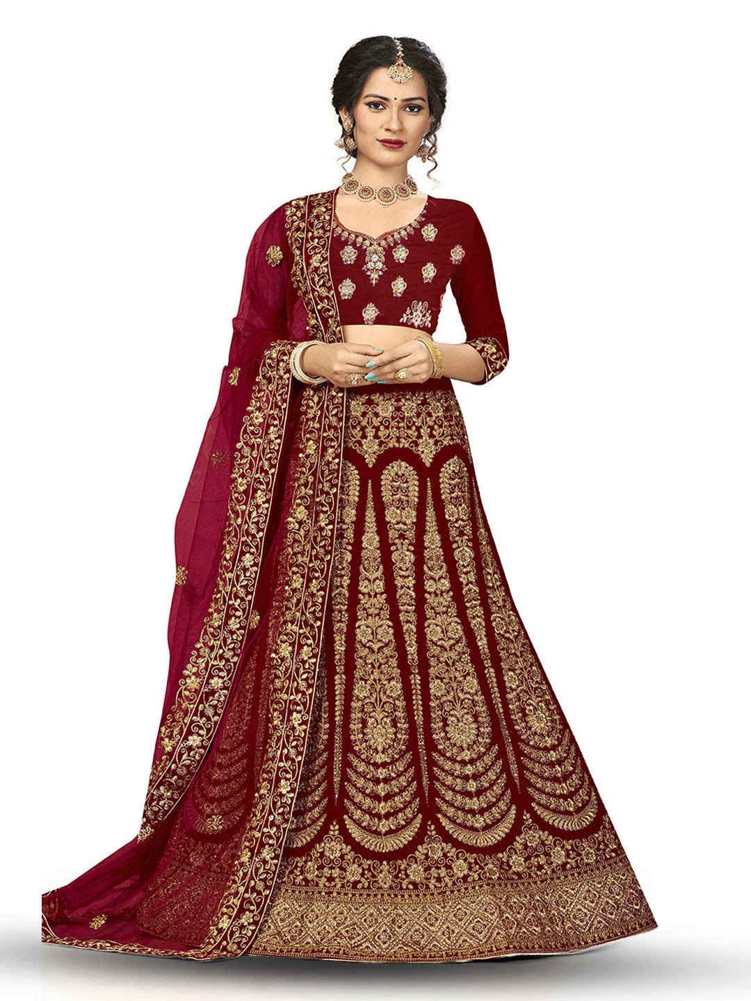 

MANVAA Embroidered Semi-Stitched Velvet Lehenga & Unstitched Blouse With Dupatta, Maroon