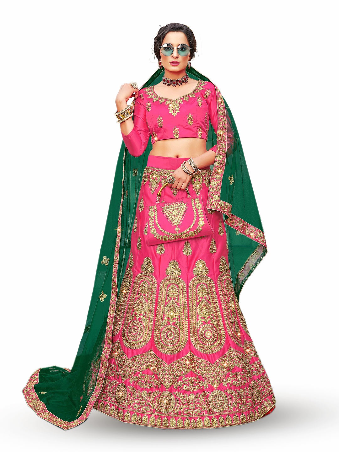 

MANVAA Embroidered Semi-Stitched Satin Lehenga & Unstitched Blouse With Dupatta, Pink