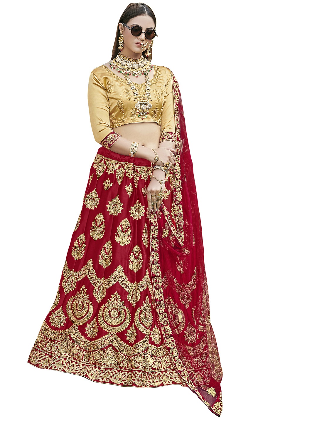 

MANVAA Embroidered Thread Work Semi-Stitched Lehenga & Unstitched Blouse With Dupatta, Maroon