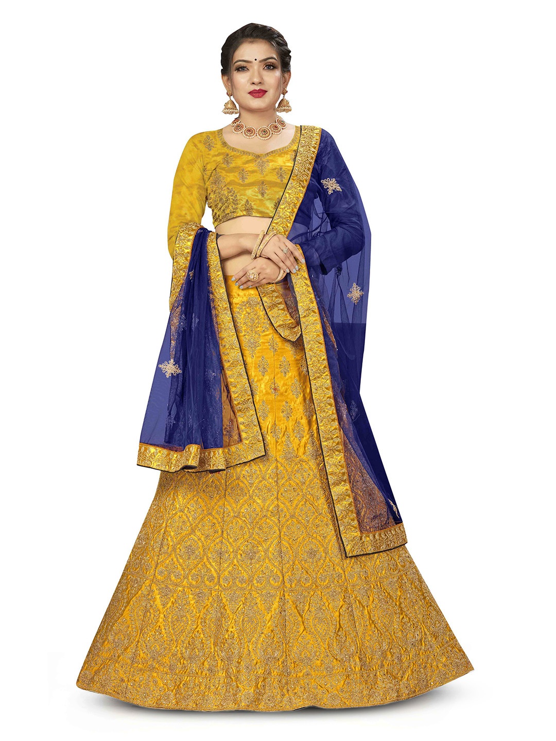 

MANVAA Embroidered Thread Work Semi-Stitched Lehenga & Unstitched Blouse With Dupatta, Yellow