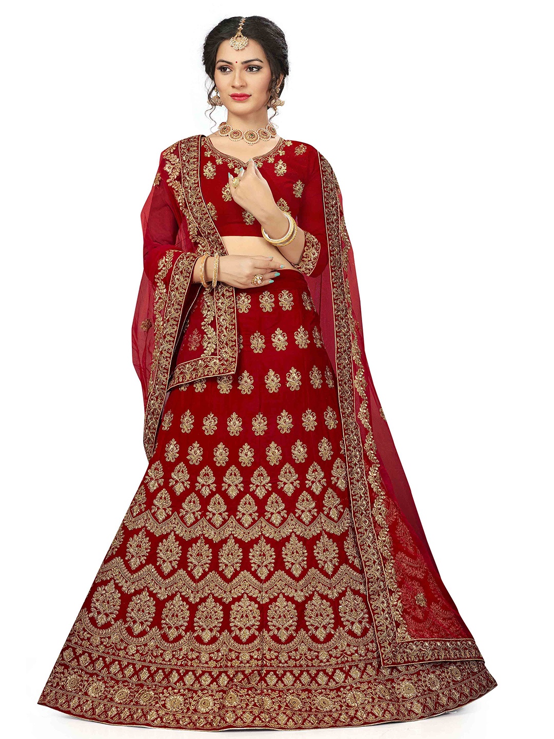 

MANVAA Embroidered Semi-Stitched Velvet Lehenga & Unstitched Blouse With Dupatta, Red