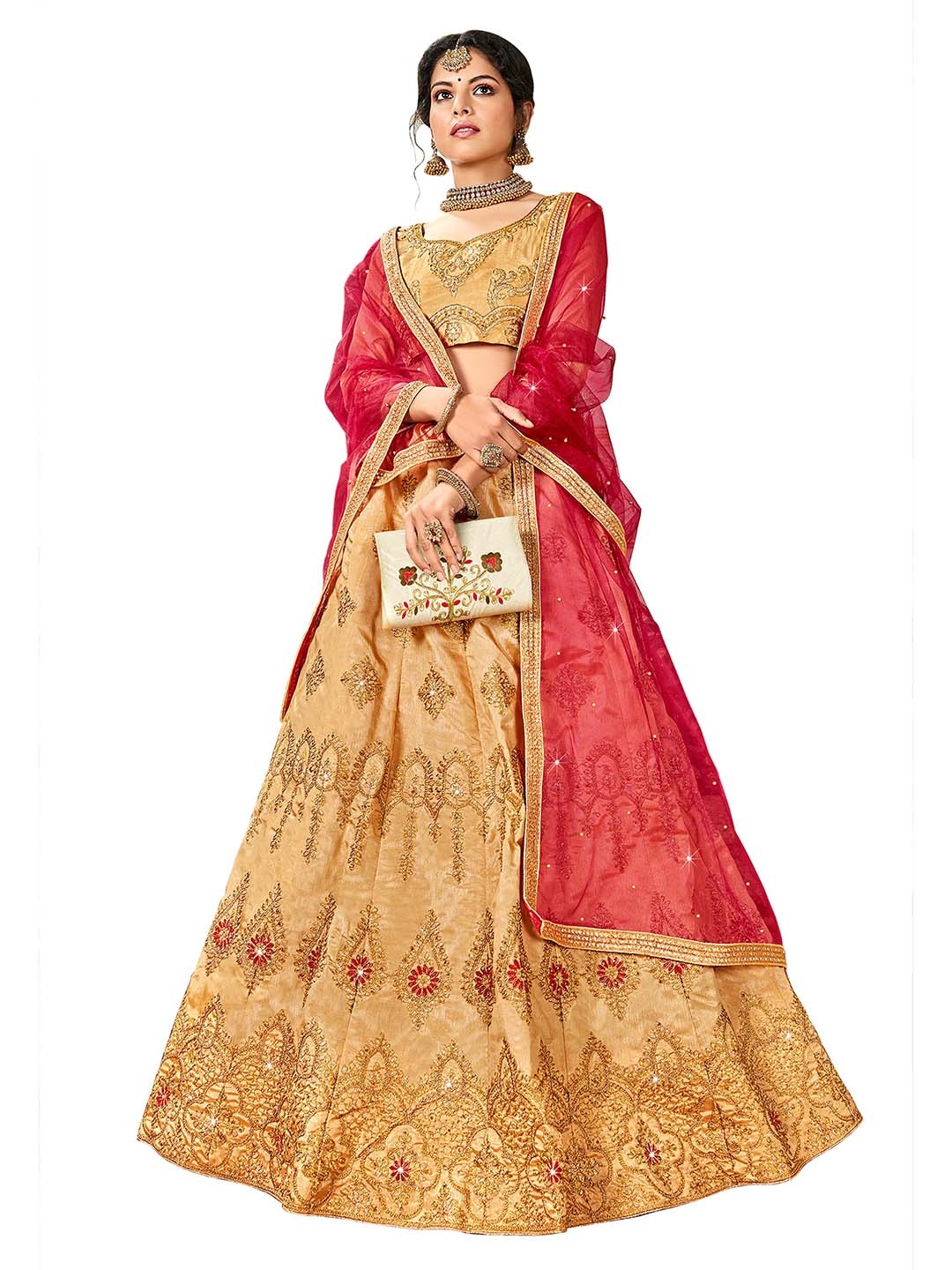 

MANVAA Embroidered Thread Work Semi-Stitched Lehenga & Unstitched Blouse With Dupatta, Beige