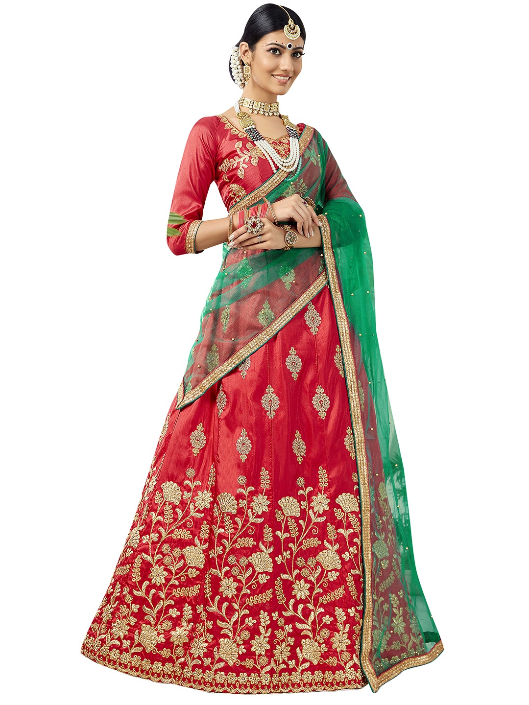 

MANVAA Embroidered Silk Semi Stitched Lehenga & Unstitched Blouse With Dupatta, Red