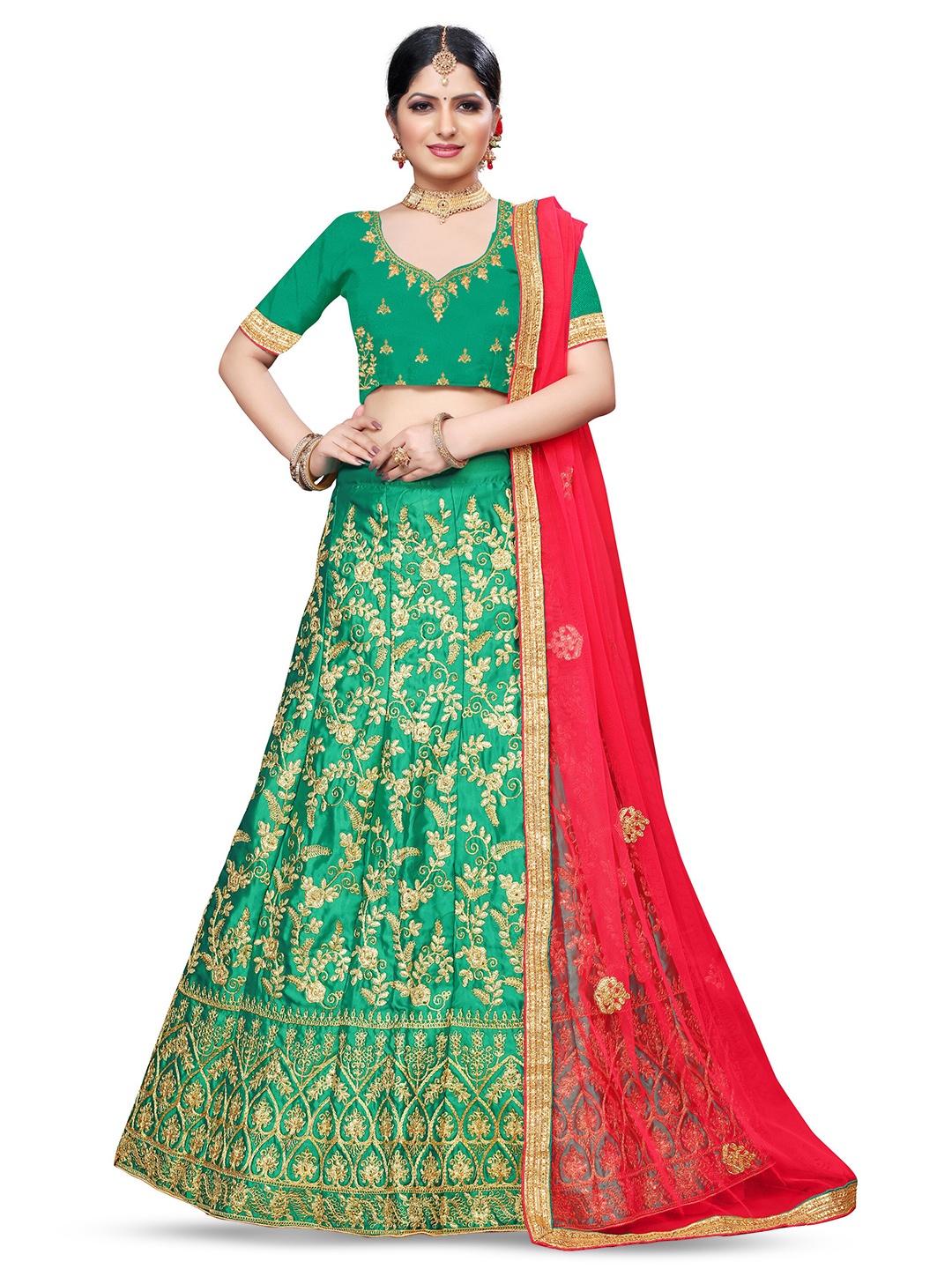 

MANVAA Embroidered Beads and Stones Semi Stitched Lehenga & Unstitched Blouse With Dupatta, Green