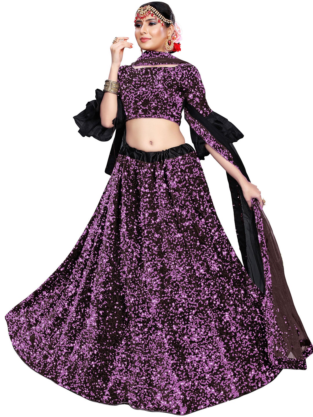 

MANVAA Embellished Sequinned Velvet Semi Stitched Lehenga & Unstitched Blouse With Dupatta, Black