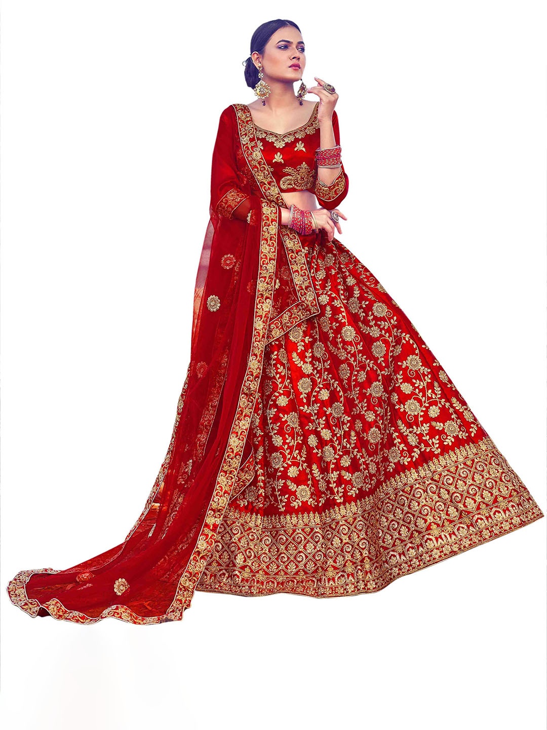

MANVAA Embroidered Silk Semi-Stitched Lehenga & Unstitched Blouse With Dupatta, Red