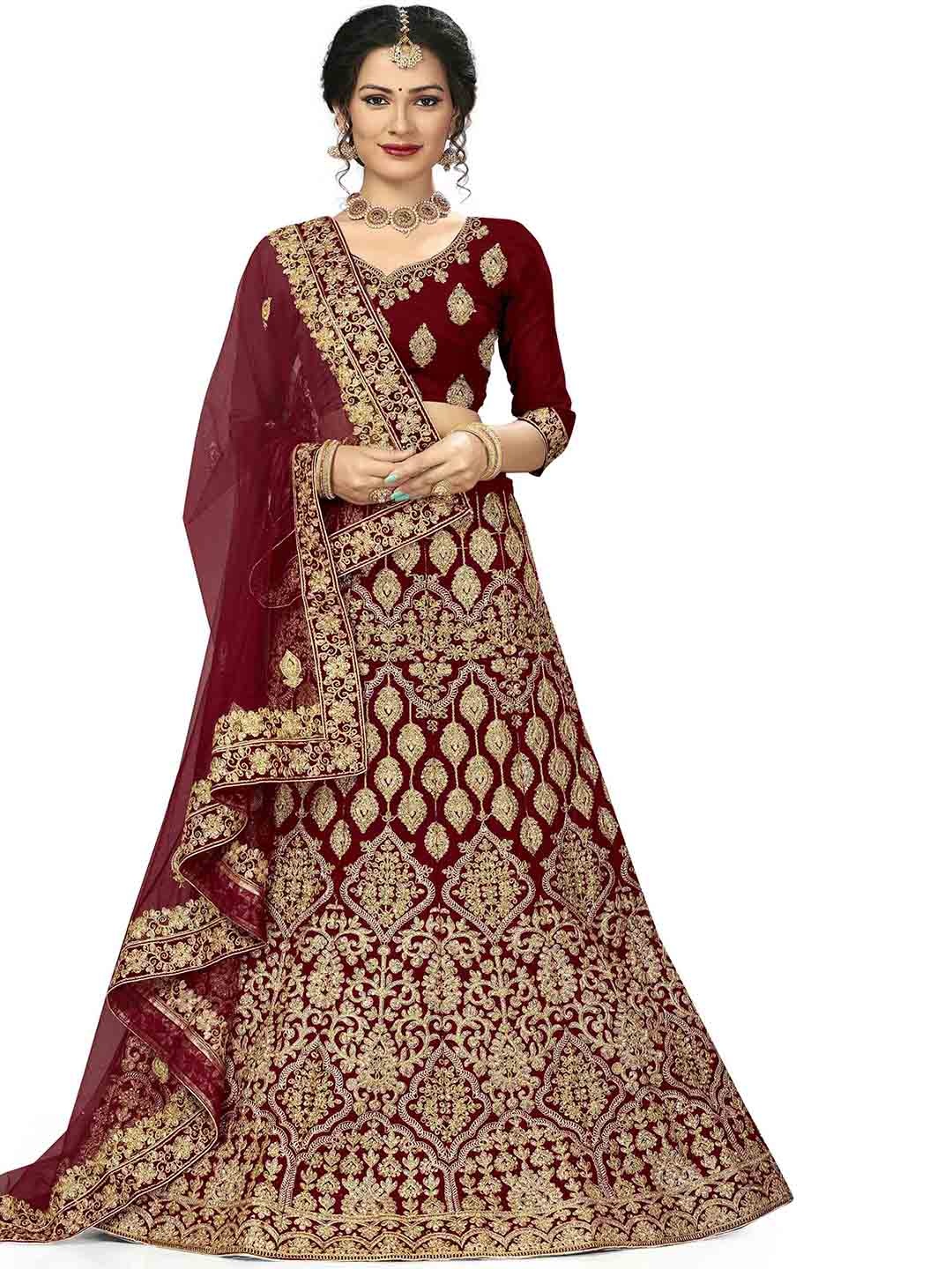 

MANVAA Embroidered Velvet Semi-Stitched Lehenga & Unstitched Blouse With Dupatta, Maroon