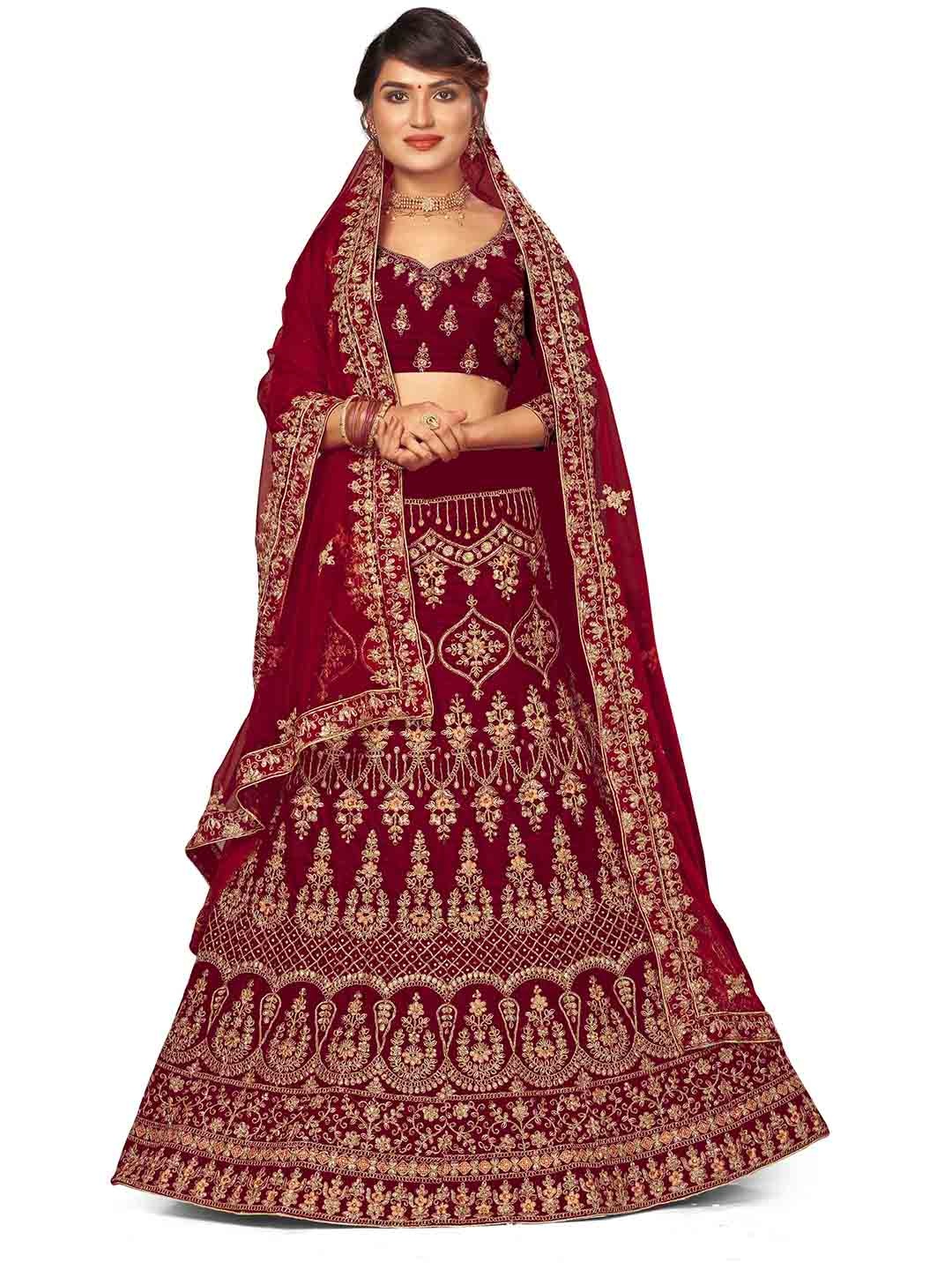

MANVAA Embroidered Velvet Semi-Stitched Lehenga & Unstitched Blouse With Dupatta, Maroon