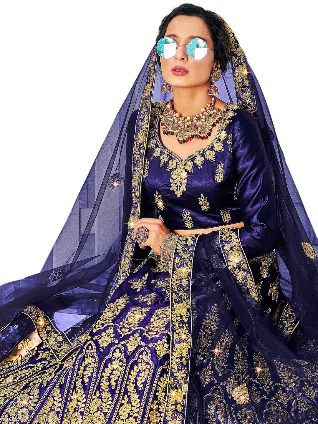 

MANVAA Embroidered Thread Work Semi-Stitched Lehenga & Unstitched Blouse With Dupatta, Blue