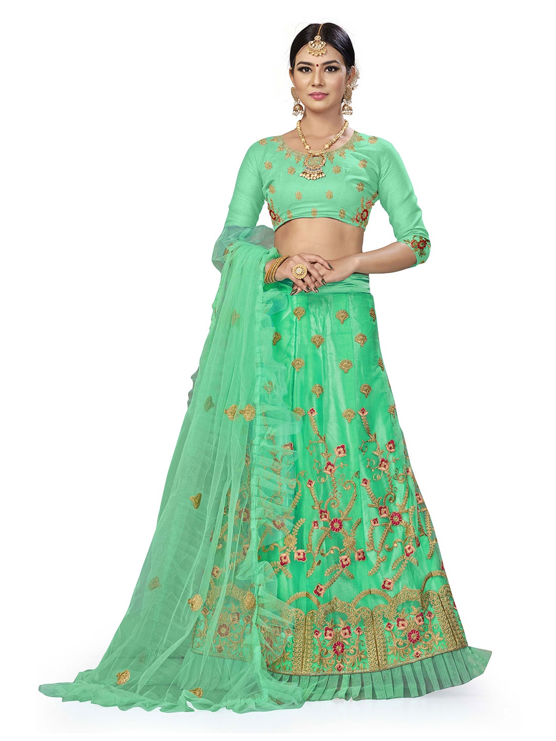 

MANVAA Embroidered Thread Work Semi-Stitched Lehenga & Unstitched Blouse With Dupatta, Sea green