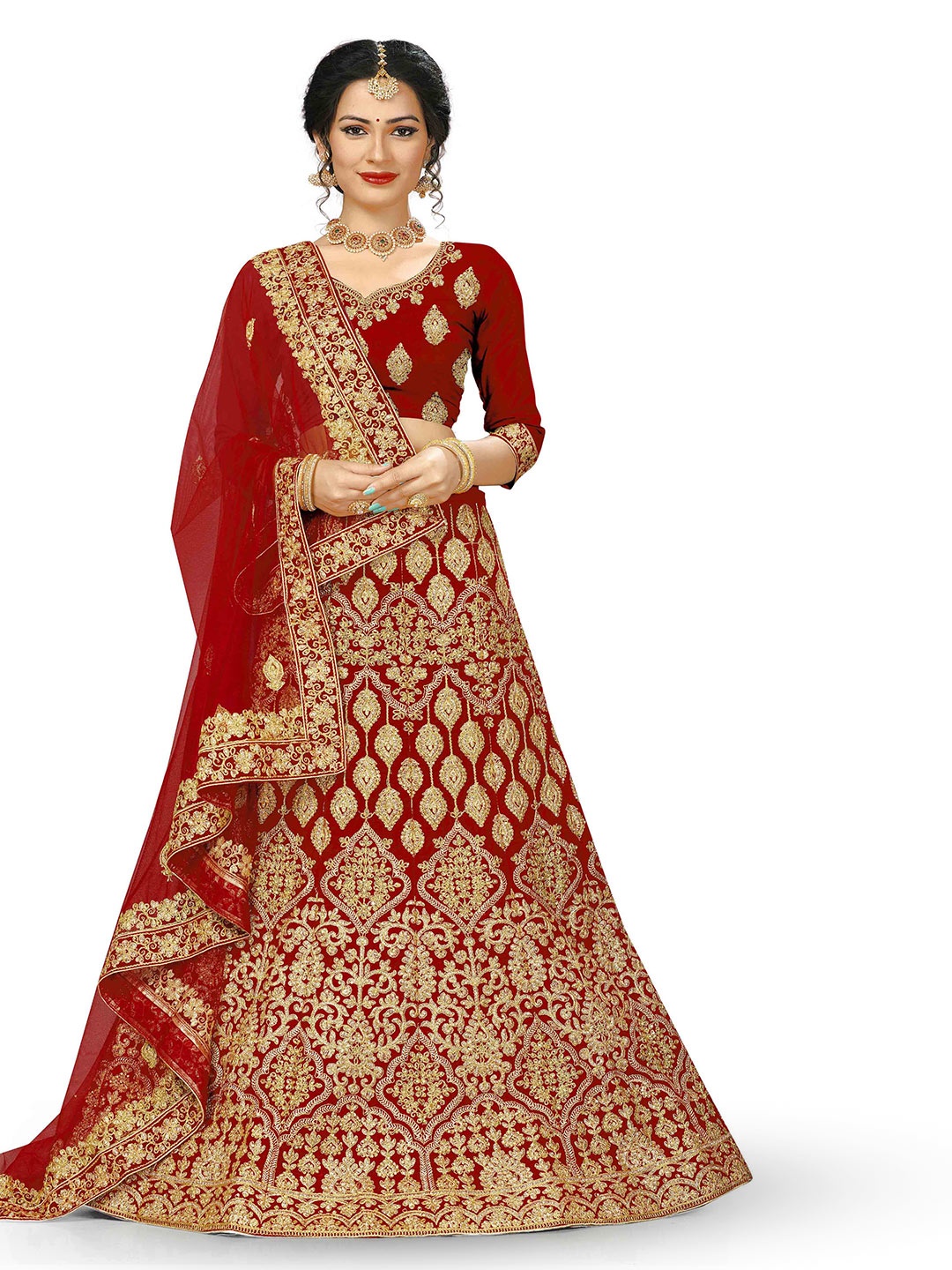 

MANVAA Embroidered Thread Work Semi-Stitched Lehenga & Unstitched Blouse With Dupatta, Red
