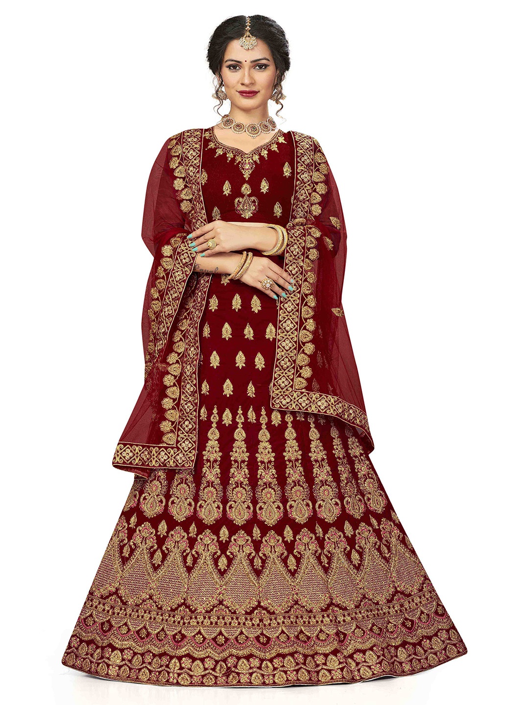 

MANVAA Embroidered Thread Work Semi-Stitched Lehenga & Unstitched Blouse With Dupatta, Maroon