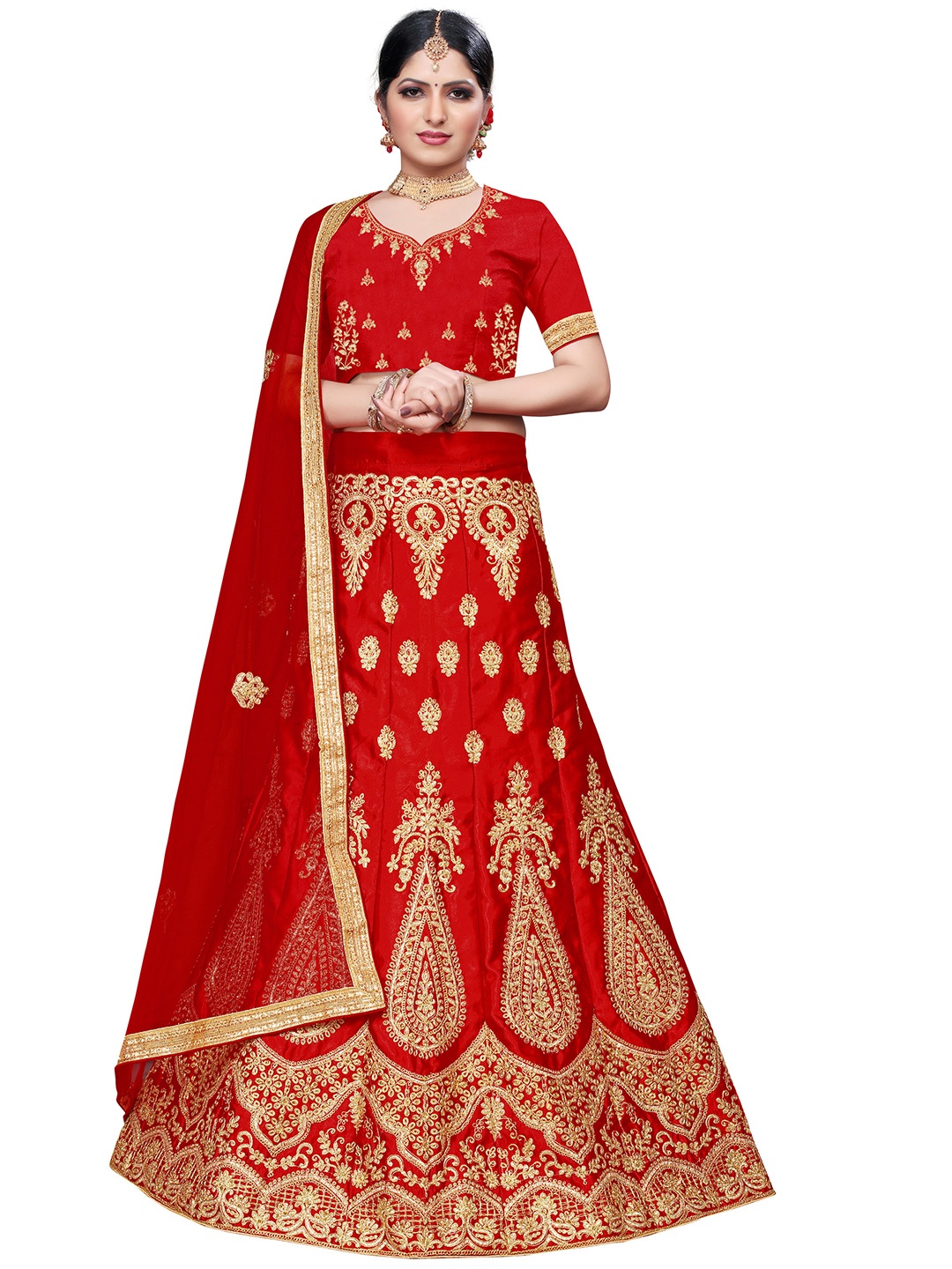 

MANVAA Embroidered Beads & Stones Semi-Stitched Lehenga & Unstitched Blouse With Dupatta, Red