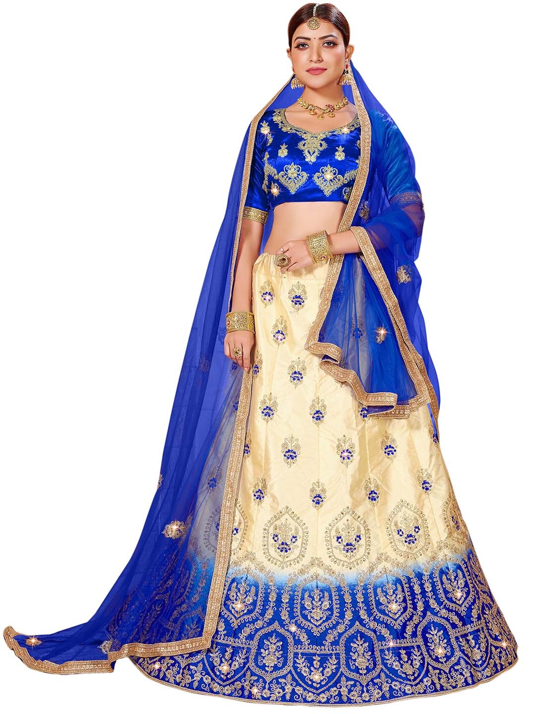 

MANVAA Embroidered Thread Work Semi-Stitched Lehenga & Unstitched Blouse With Dupatta, Beige