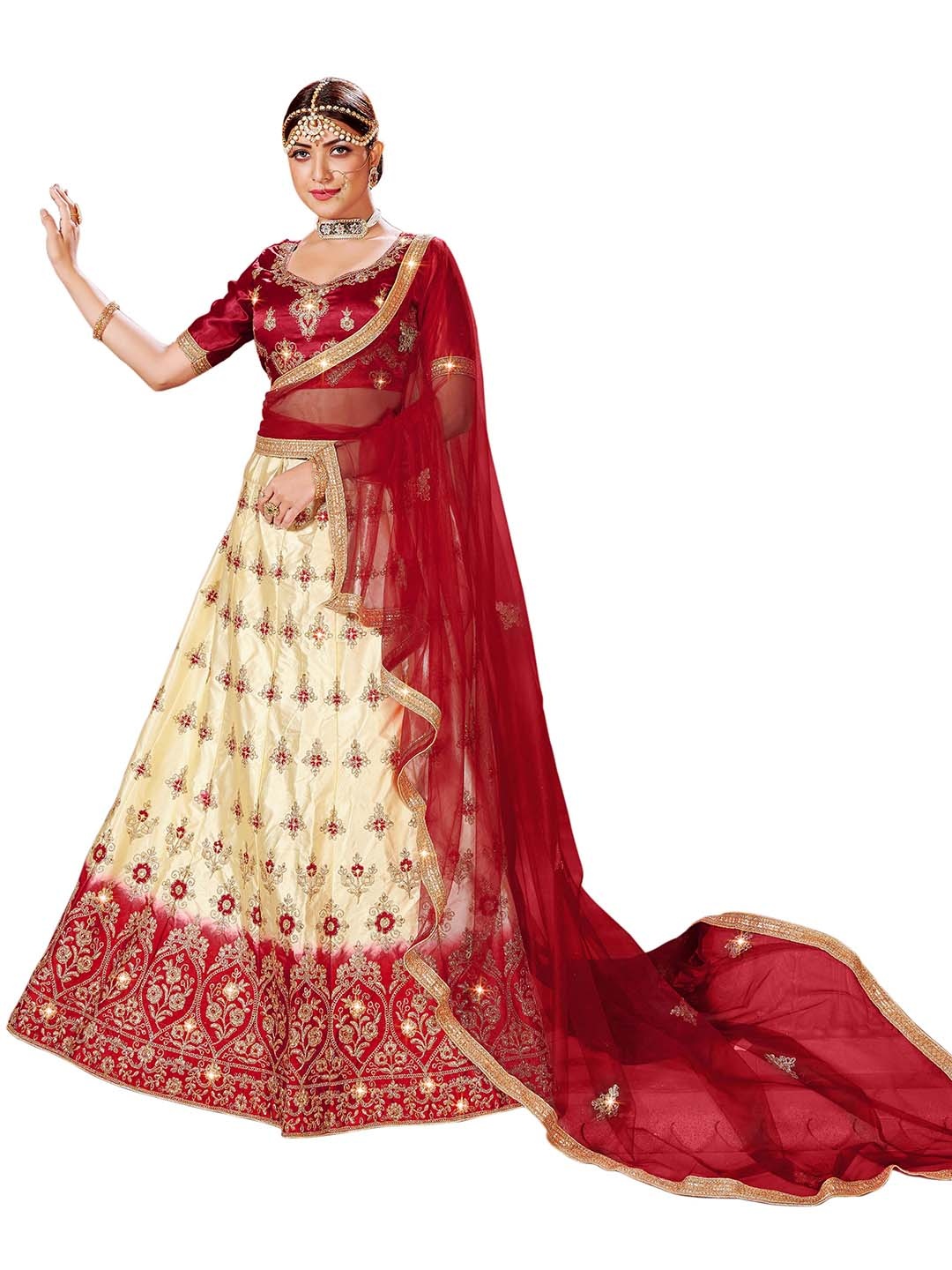 

MANVAA Embroidered Thread Work Semi-Stitched Lehenga & Unstitched Blouse With Dupatta, Beige