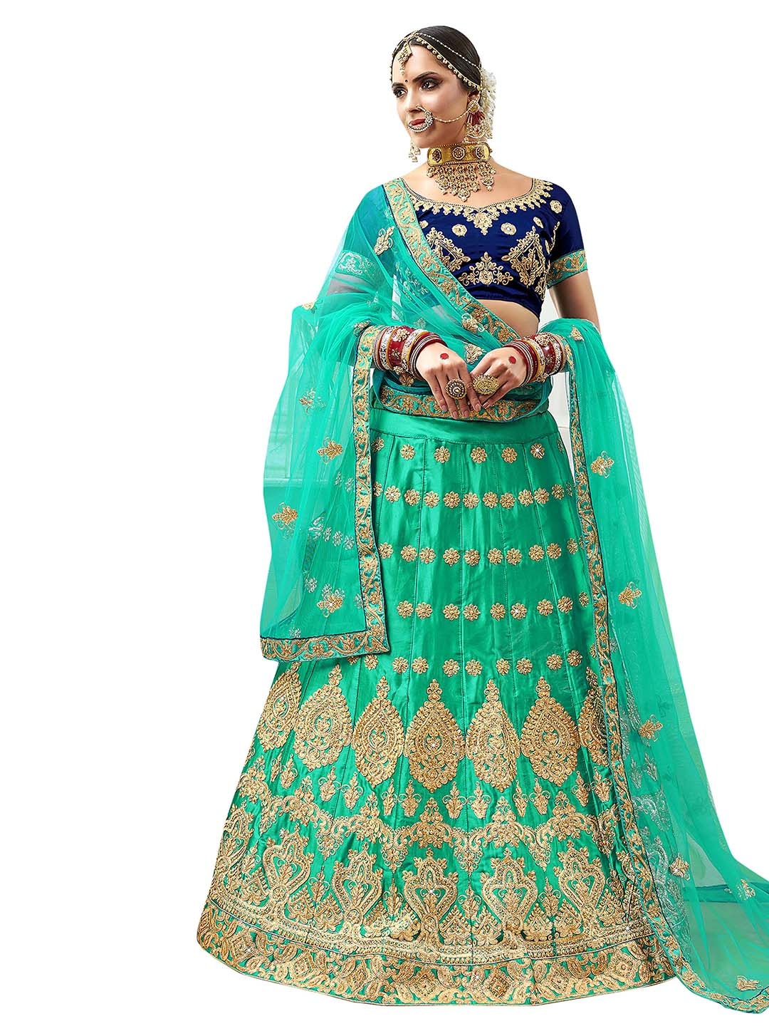 

MANVAA Embroidered Semi-Stitched Lehenga & Unstitched Blouse With Dupatta, Sea green