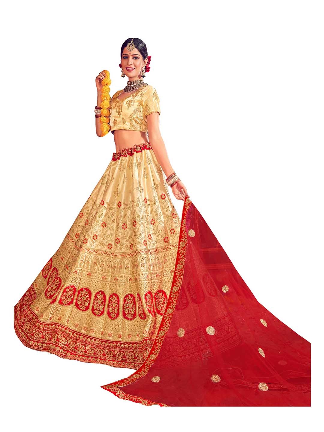 

MANVAA Embroidered Beads & Stones Semi-Stitched Lehenga & Unstitched Blouse With Dupatta, Beige