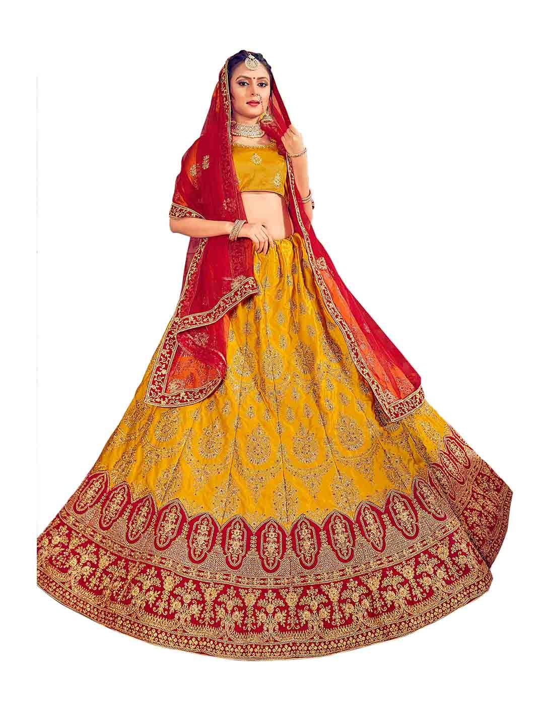 

MANVAA Embroidered Semi-Stitched Silk Lehenga & Unstitched Blouse With Dupatta, Mustard