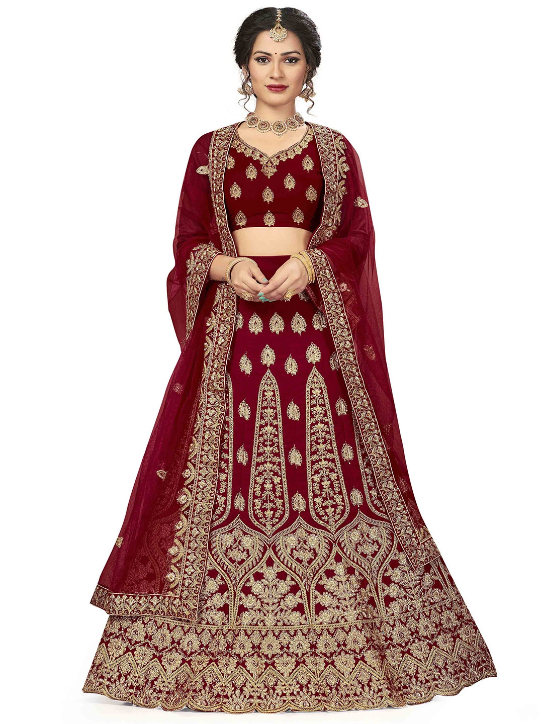 

MANVAA Embroidered Thread Work Semi-Stitched Lehenga & Unstitched Blouse With Dupatta, Maroon