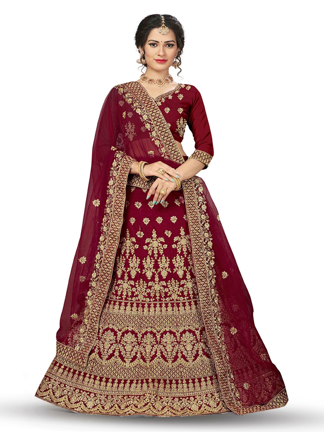 

MANVAA Embroidered Thread Work Semi-Stitched Lehenga & Unstitched Blouse With Dupatta, Maroon