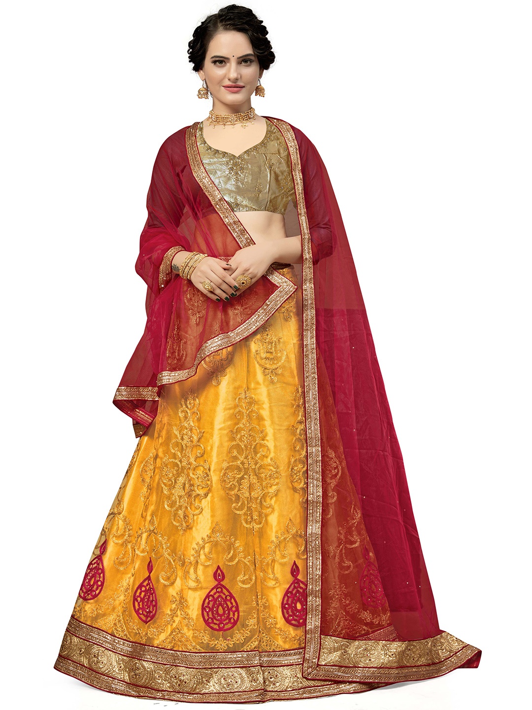 

MANVAA Embroidered Thread Work Semi-Stitched Lehenga & Unstitched Blouse With Dupatta, Yellow