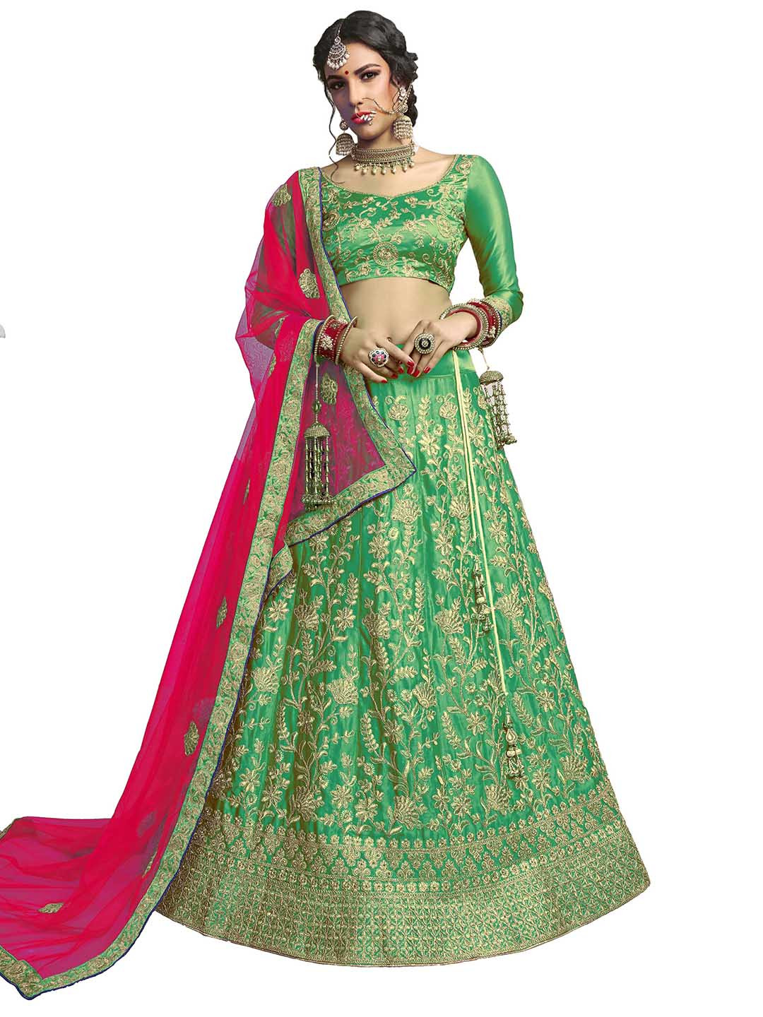 

MANVAA Embroidered Thread Work Semi-Stitched Lehenga & Unstitched Blouse With Dupatta, Green