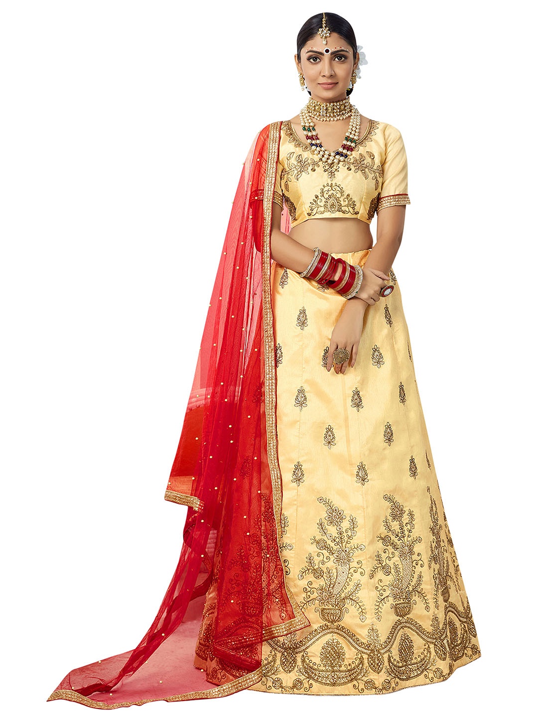 

MANVAA Embroidered Thread Work Semi-Stitched Lehenga & Unstitched Blouse With Dupatta, Beige